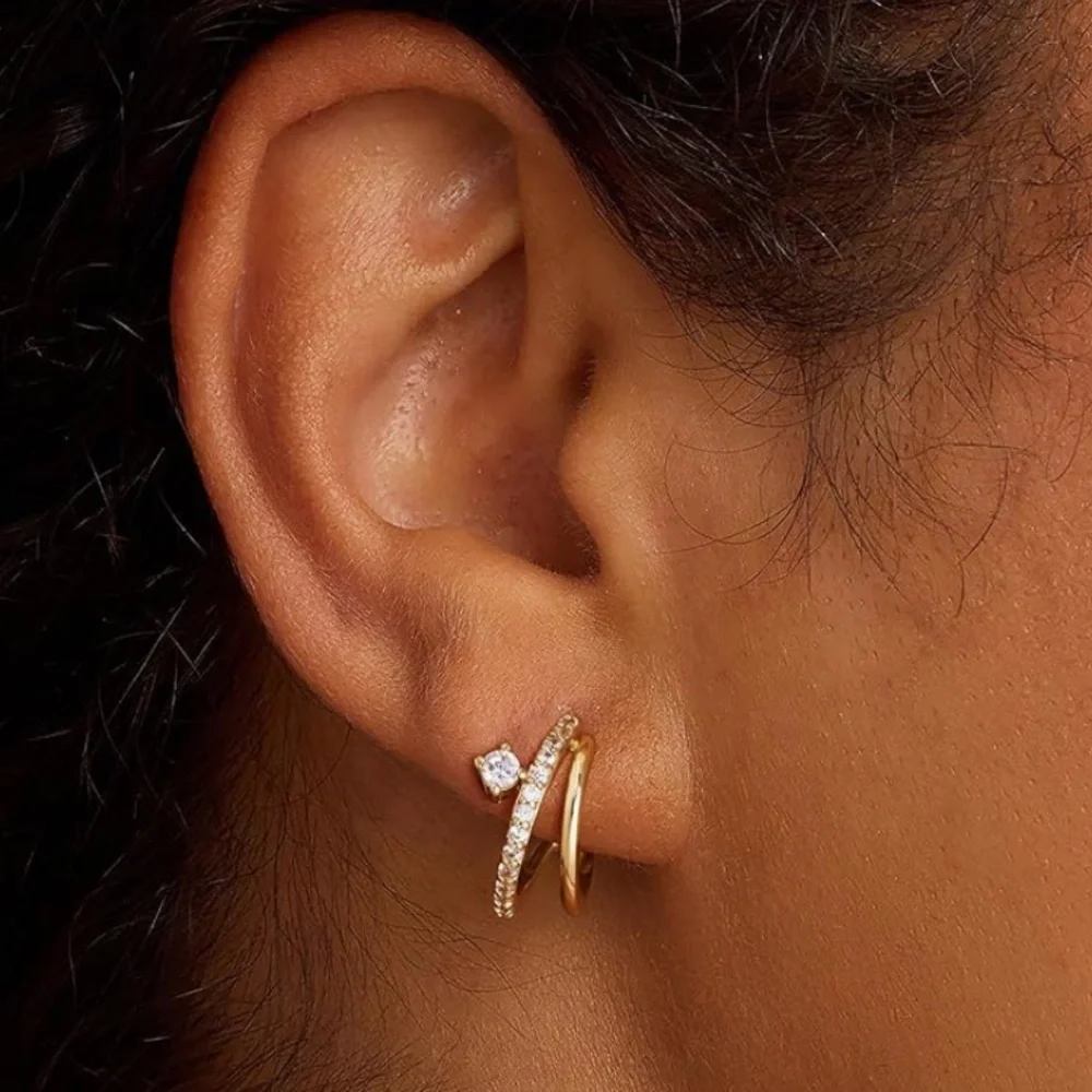 14k Gold CZ Illusion Triple Piercing Dainty Hoops and Stud Earrings - Picture 5 of 6